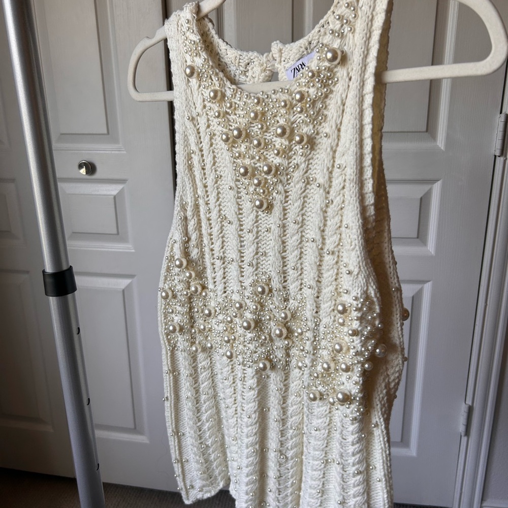 Zara Cream Pearl-Embellished Cable Knit Tank